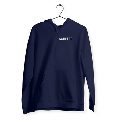 Navy blue hoodie with 'SAUVAGE' text on a hanger against a white background