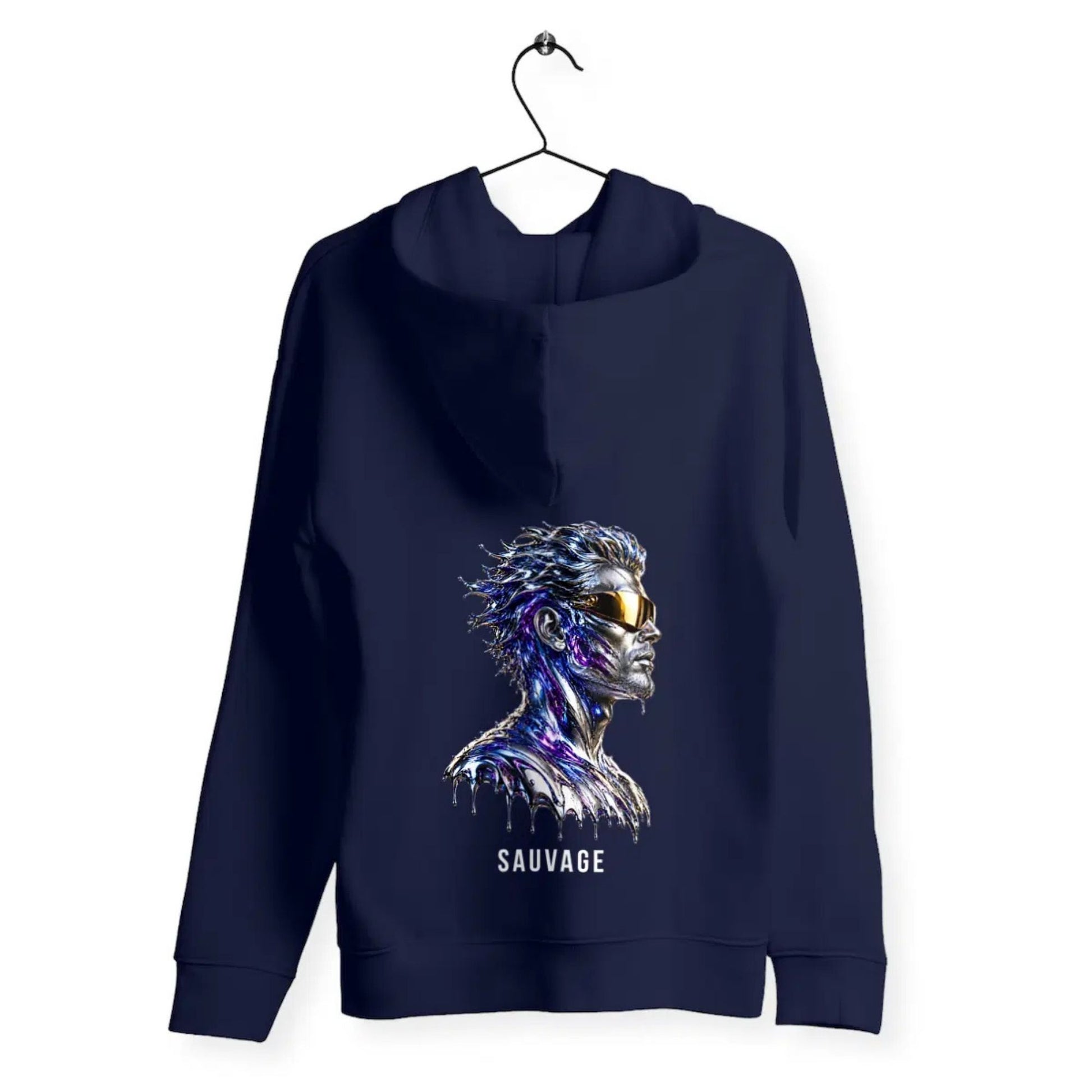 Navy blue hoodie with a graphic of a stylized face and 'SAUVAGE' text on a white background