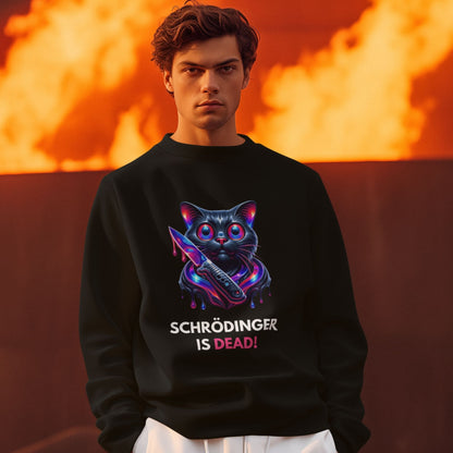 Schrödinger is dead Black Cat Sweatshirt in black, made from organic cotton. Male model showcasing the sweatshirt in front of a volcano.