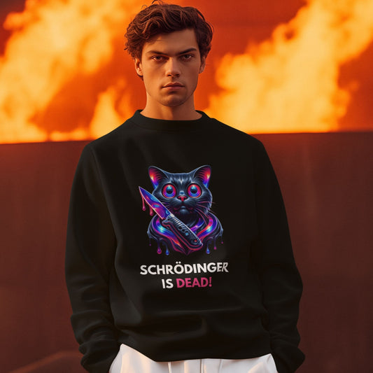 Schrödinger is dead Black Cat Sweatshirt in black, made from organic cotton. Male model showcasing the sweatshirt in front of a volcano.