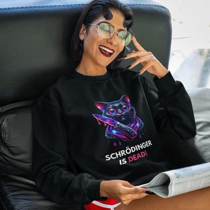 Schrödinger is dead Black Cat Sweatshirt in black, made from organic cotton. Female model reading a newspaper wearing the sweatshirt.