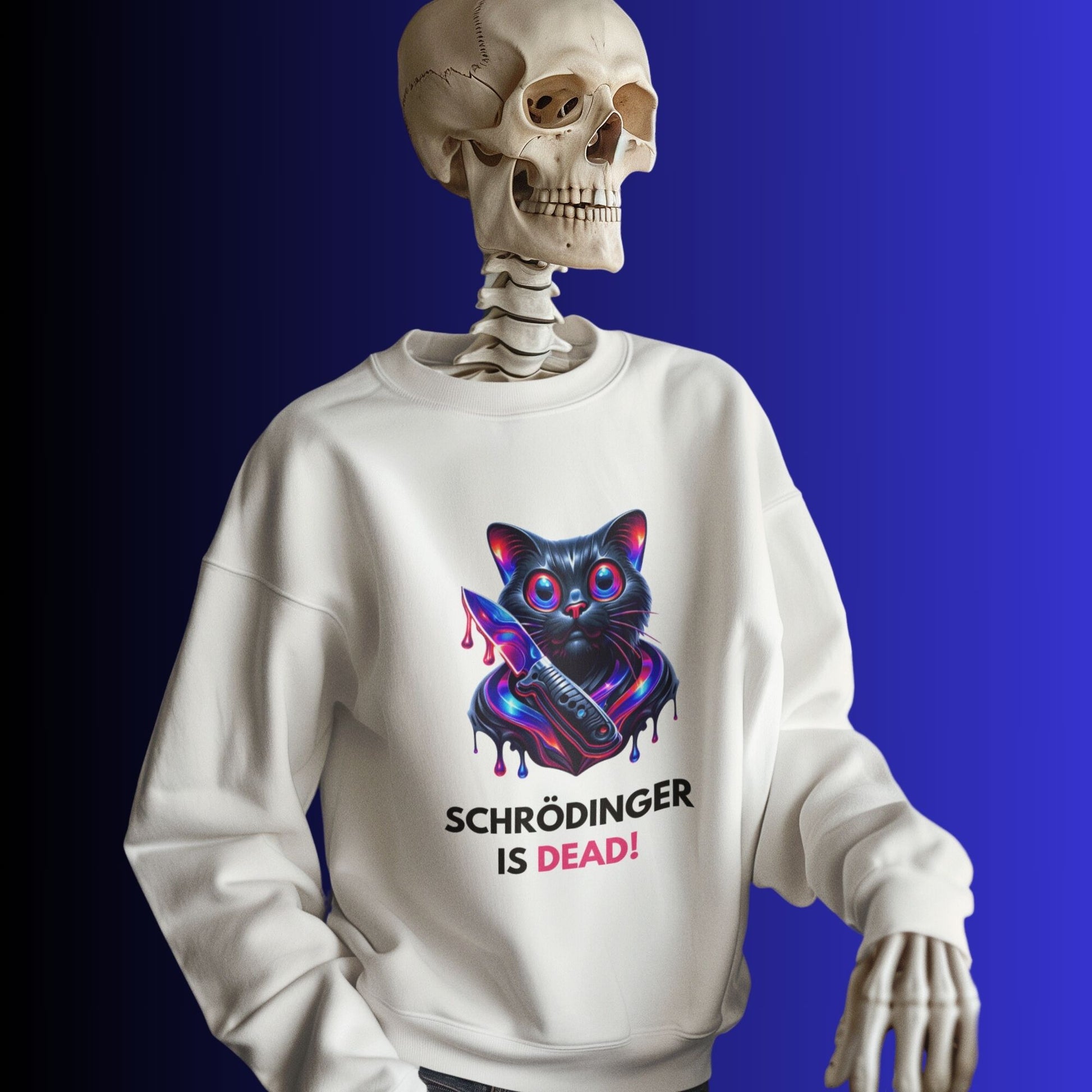 Schrödinger i dead Black Cat Sweatshirt in white, made from organic cotton. Skeleton showcasing the sweatshirt.