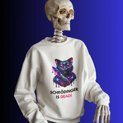 Schrödinger i dead Black Cat Sweatshirt in white, made from organic cotton. Skeleton showcasing the sweatshirt.