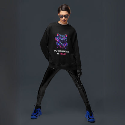 Schrödinger is dead Black Cat Sweatshirt in black, made from organic cotton. Model showcasing the sweatshirt styled with vegan leather leggings.