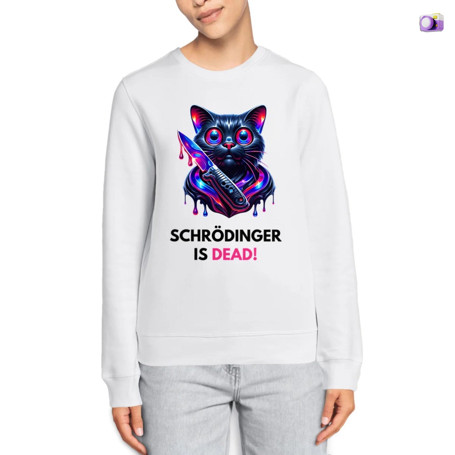 Schrödinger is dead Black Cat Sweatshirt in white, made from organic cotton. Model showcasing a close up.