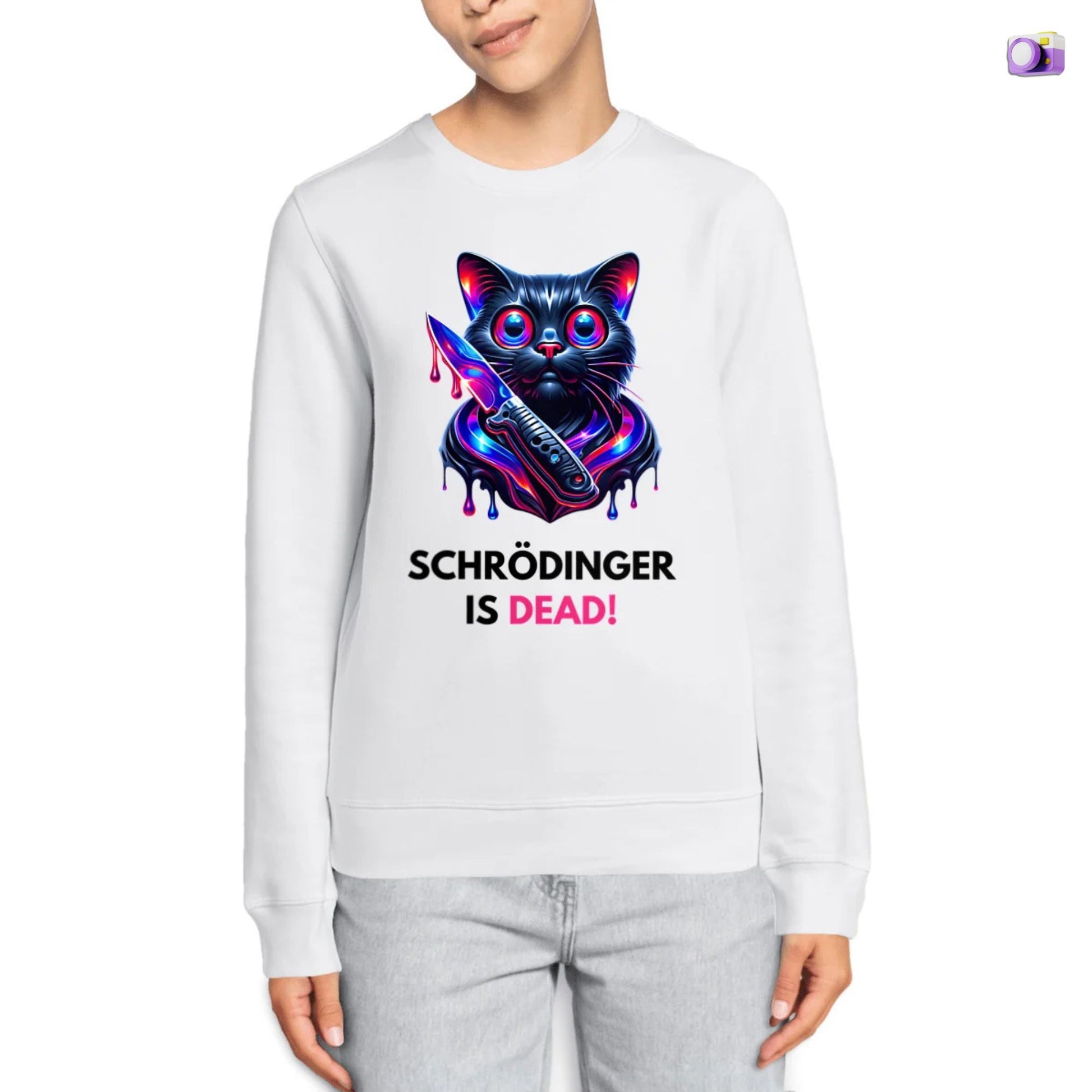 Schrödinger is dead Black Cat Sweatshirt in white, made from organic cotton. Model showcasing a close up.