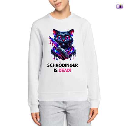 Schrödinger is dead Black Cat Sweatshirt in white, made from organic cotton. Model showcasing a close up.
