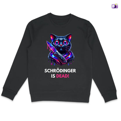 Schrödinger is dead Black Cat Sweatshirt in black, made from organic cotton. Front view showing print on a flat surface.