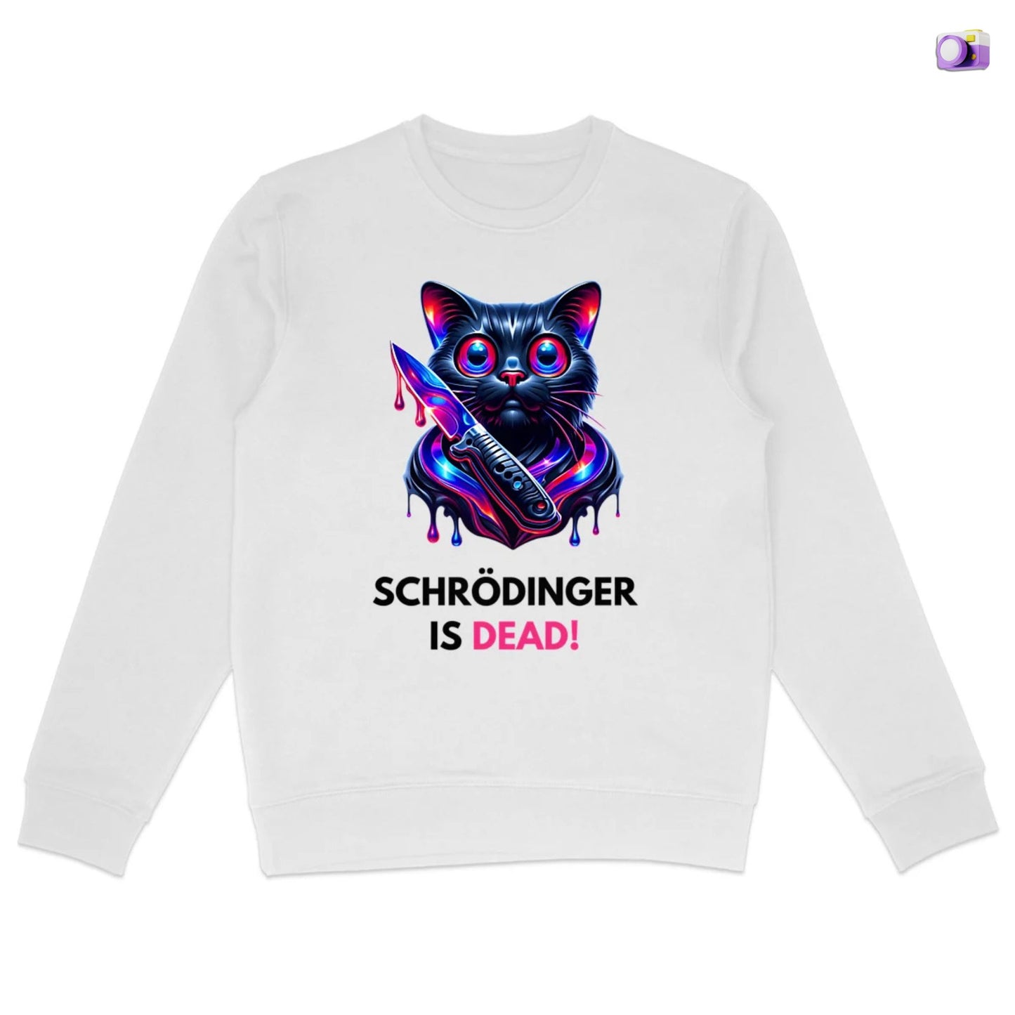 Schrödinger is dead Black Cat Sweatshirt in white, made from organic cotton. Front view showing print on a flat surface.