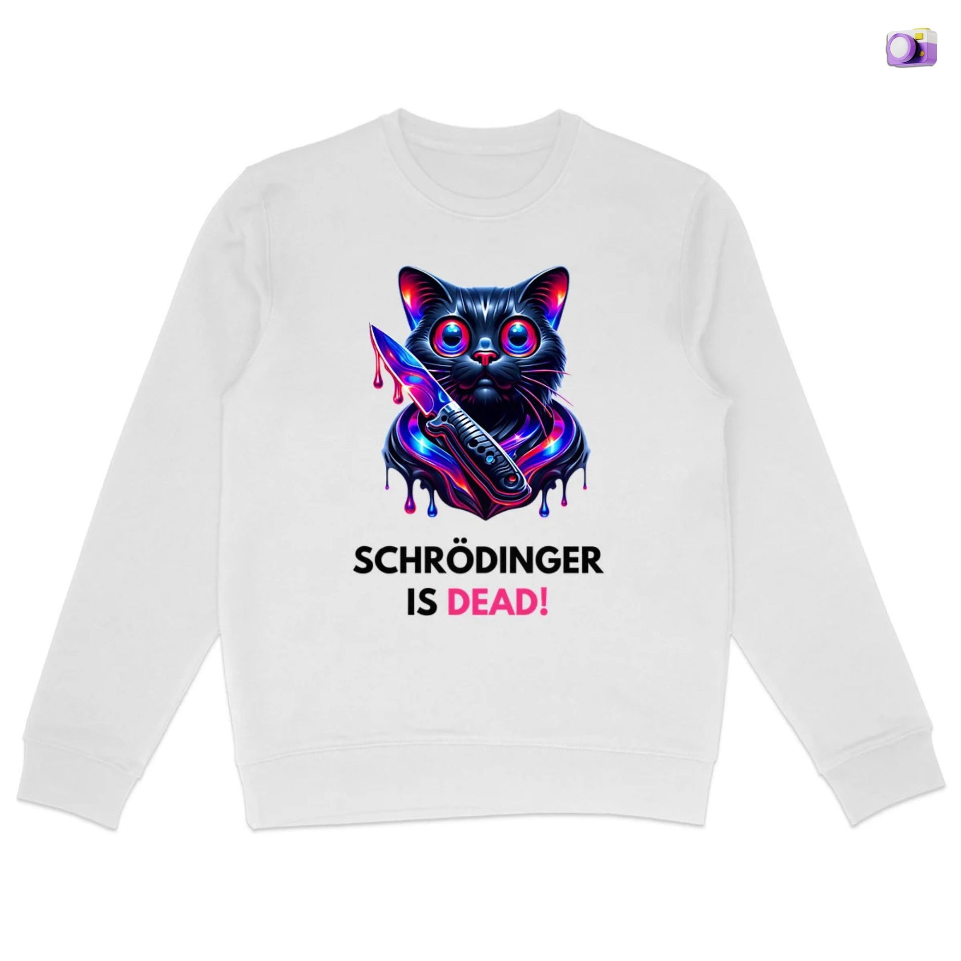 Schrödinger is dead Black Cat Sweatshirt in white, made from organic cotton. Front view showing print on a flat surface.