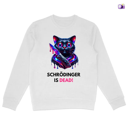Schrödinger is dead Black Cat Sweatshirt in white, made from organic cotton. Front view showing print on a flat surface.