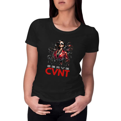 Person wearing a black t-shirt with a graphic design and text on a white background