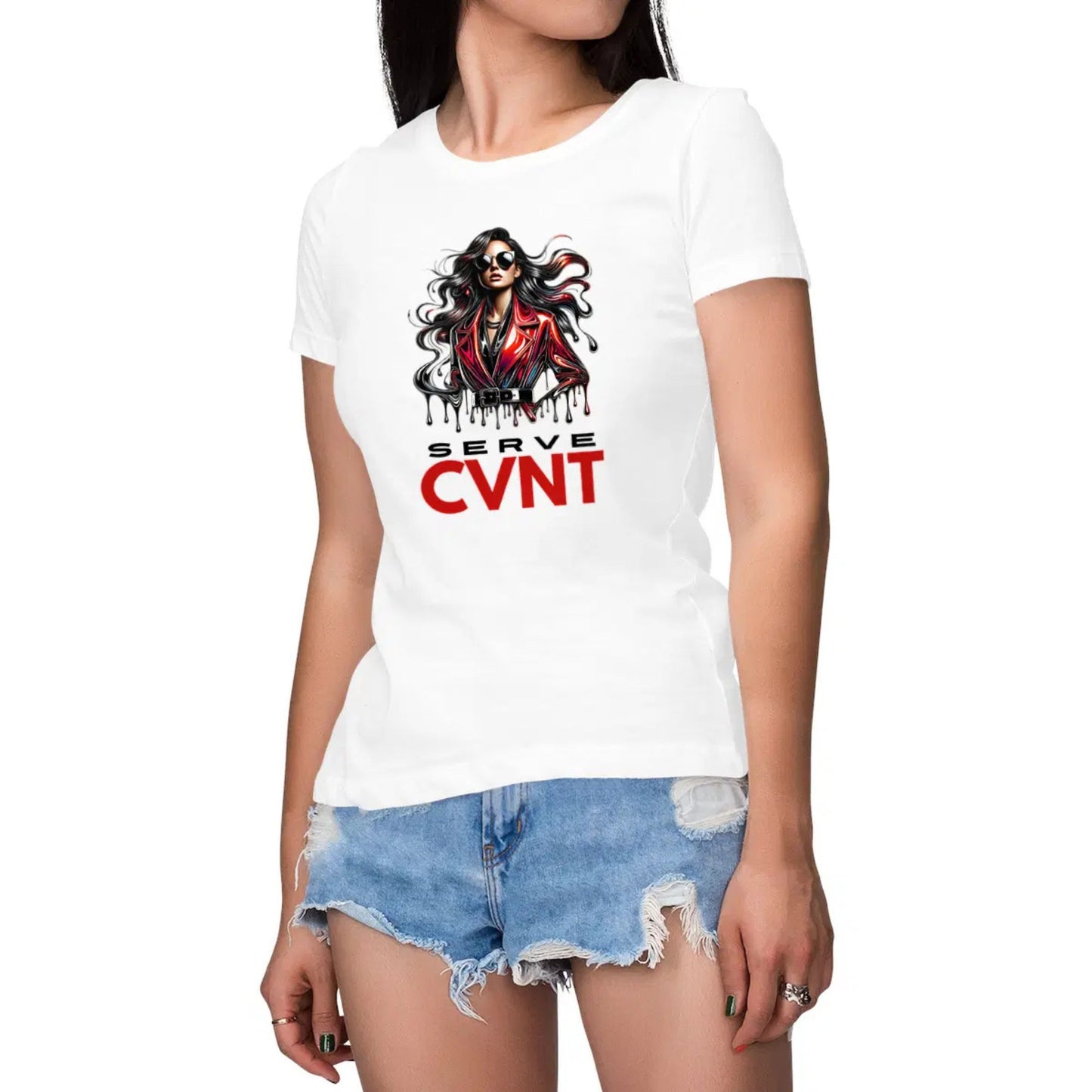Person wearing a white t-shirt with a graphic design and text on a white background