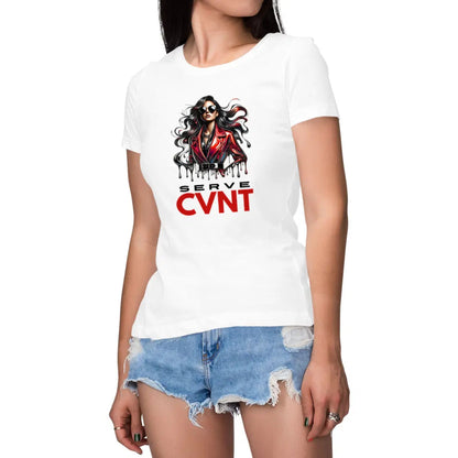Person wearing a white t-shirt with a graphic design and text on a white background