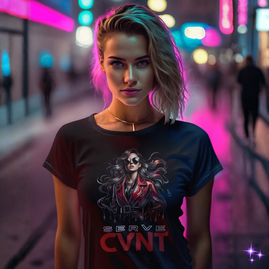 Woman wearing a t-shirt with a graphic design in a neon-lit street.