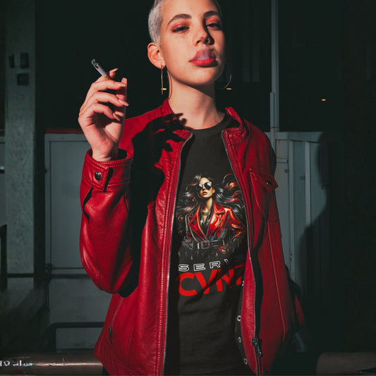 Person wearing a red jacket and black t-shirt with graphic design, holding a cigarette.