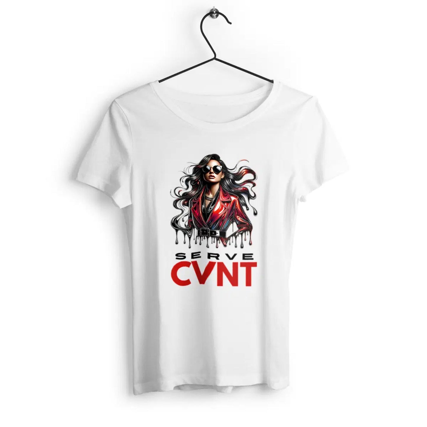 White t-shirt with a graphic design of a woman and 'SERVE CVNT' text on a hanger against a white background