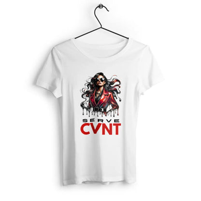 White t-shirt with a graphic design of a woman and 'SERVE CVNT' text on a hanger against a white background