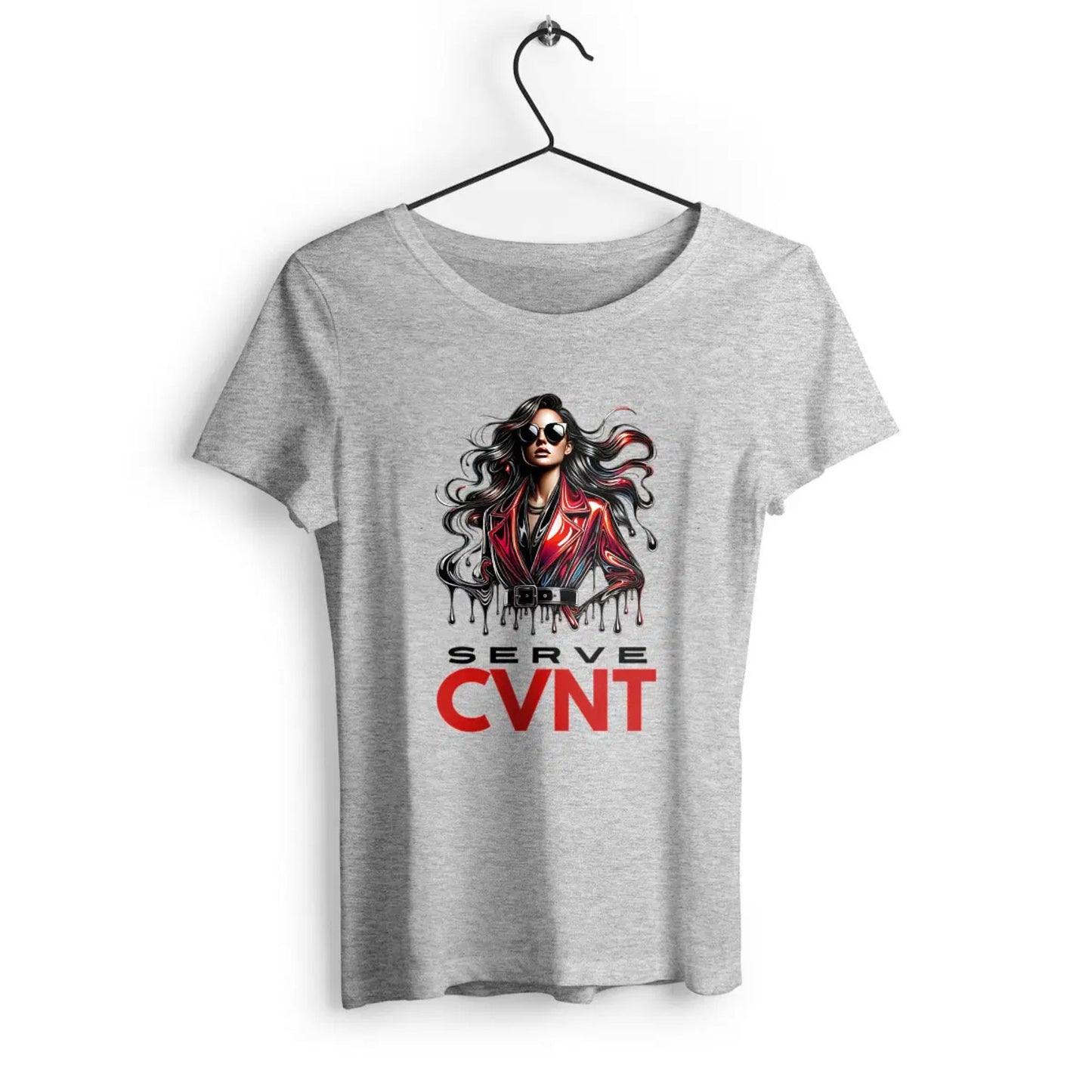 Gray t-shirt with a graphic design and 'Serve CVNT' text on a white background