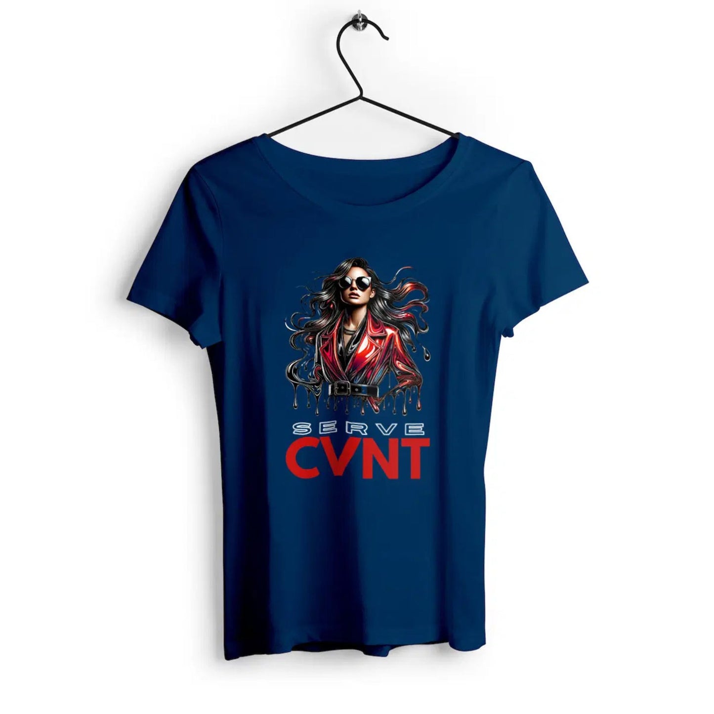 Blue t-shirt with graphic design and 'Serve CVNT' text on a white background