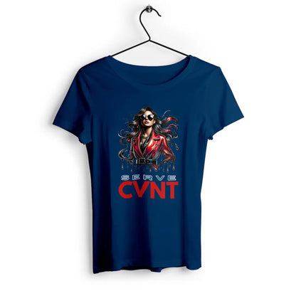 Blue t-shirt with graphic design and 'Serve CVNT' text on a white background