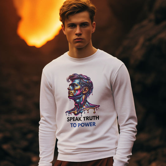 Speak Truth to Power his Sweatshirt in white, made from organic cotton. Male model showing front view in a lifestyle setting.