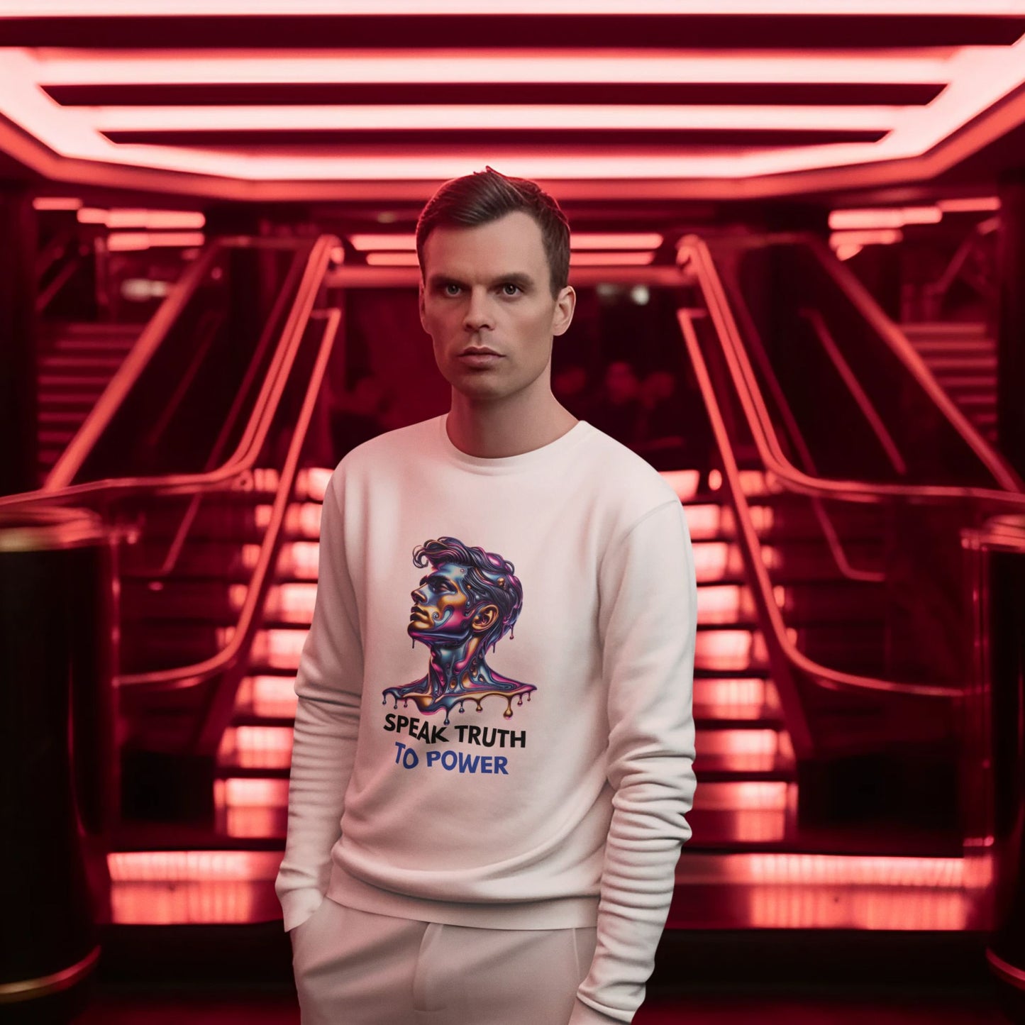 Speak Truth to Power his Sweatshirt in white, made from organic cotton. Male model showcasing sweatshirt in a train station setting. 