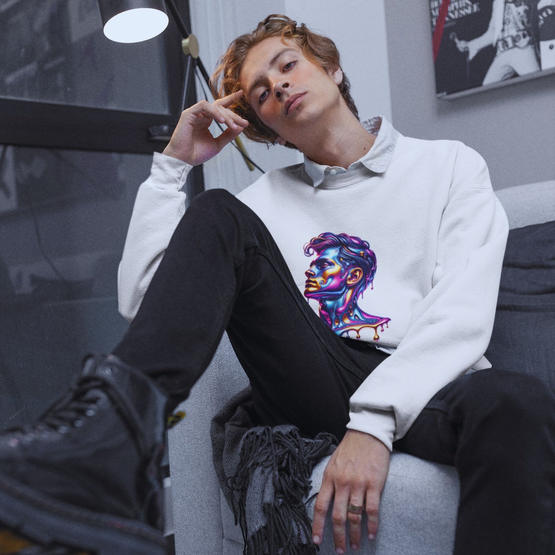 Speak Truth to Power his Sweatshirt in white, made from organic cotton. Male model showcasing front view while sitting in a chair.