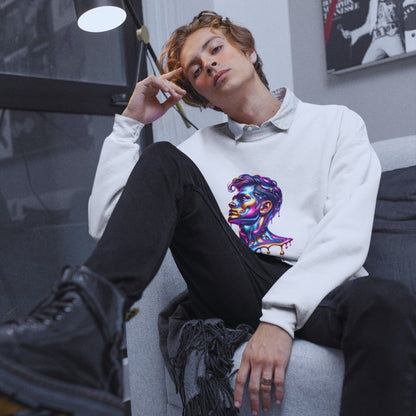 Speak Truth to Power his Sweatshirt in white, made from organic cotton. Male model showcasing front view while sitting in a chair.