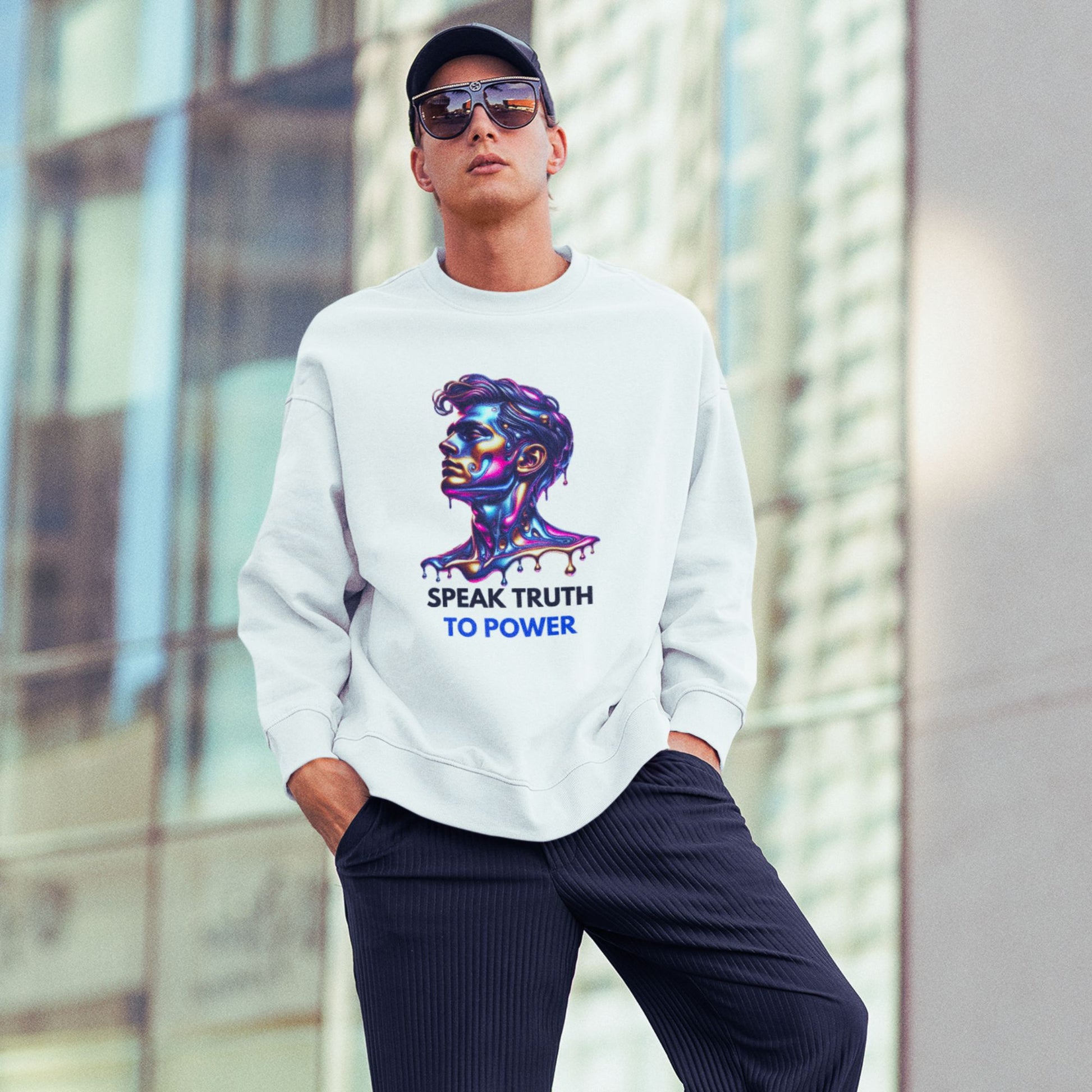 Speak Truth to Power his Sweatshirt in white, made from organic cotton. Male model showcasing fron view in lifestyle setting.