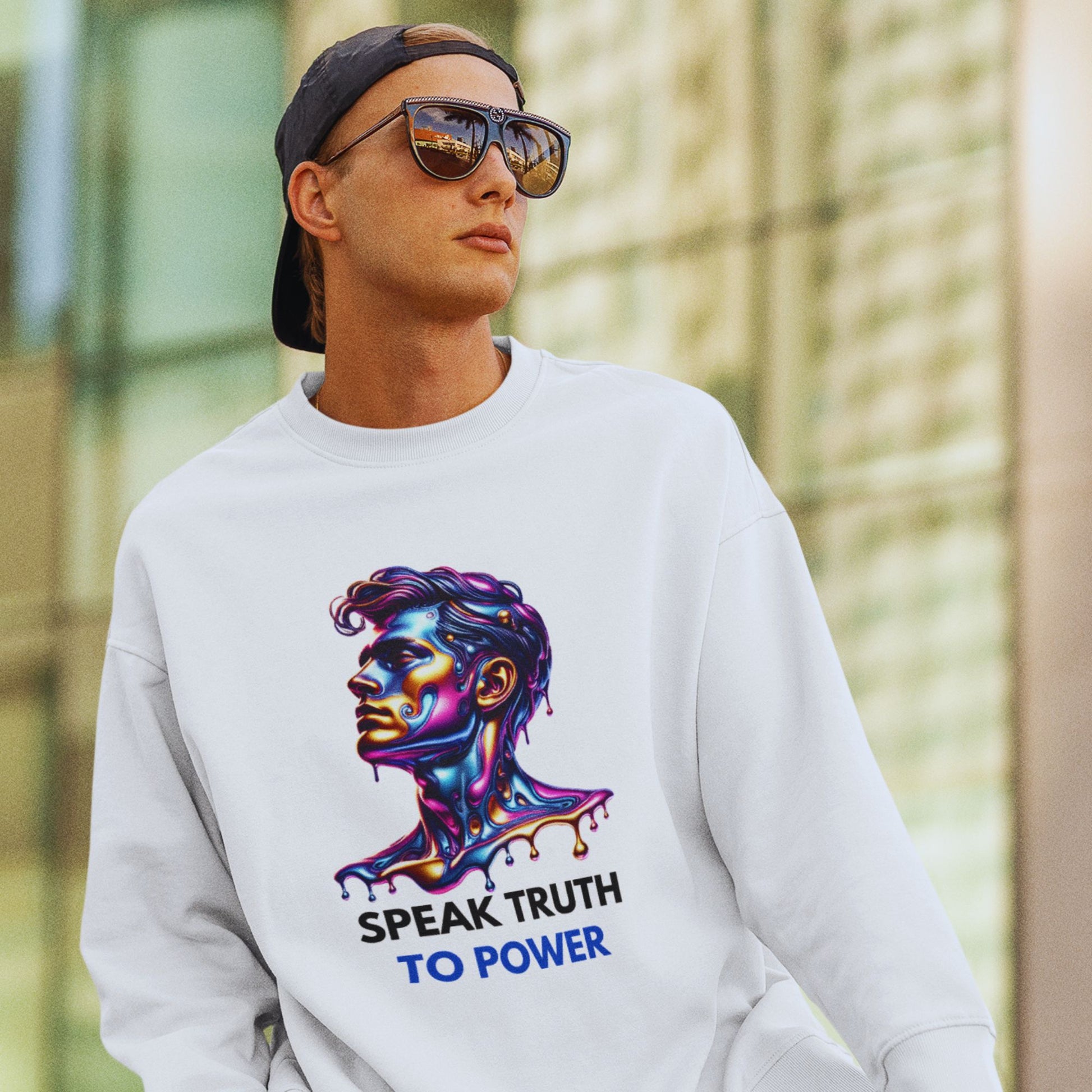 Speak Truth to Power his Sweatshirt in white, made from organic cotton. Front view showing print.