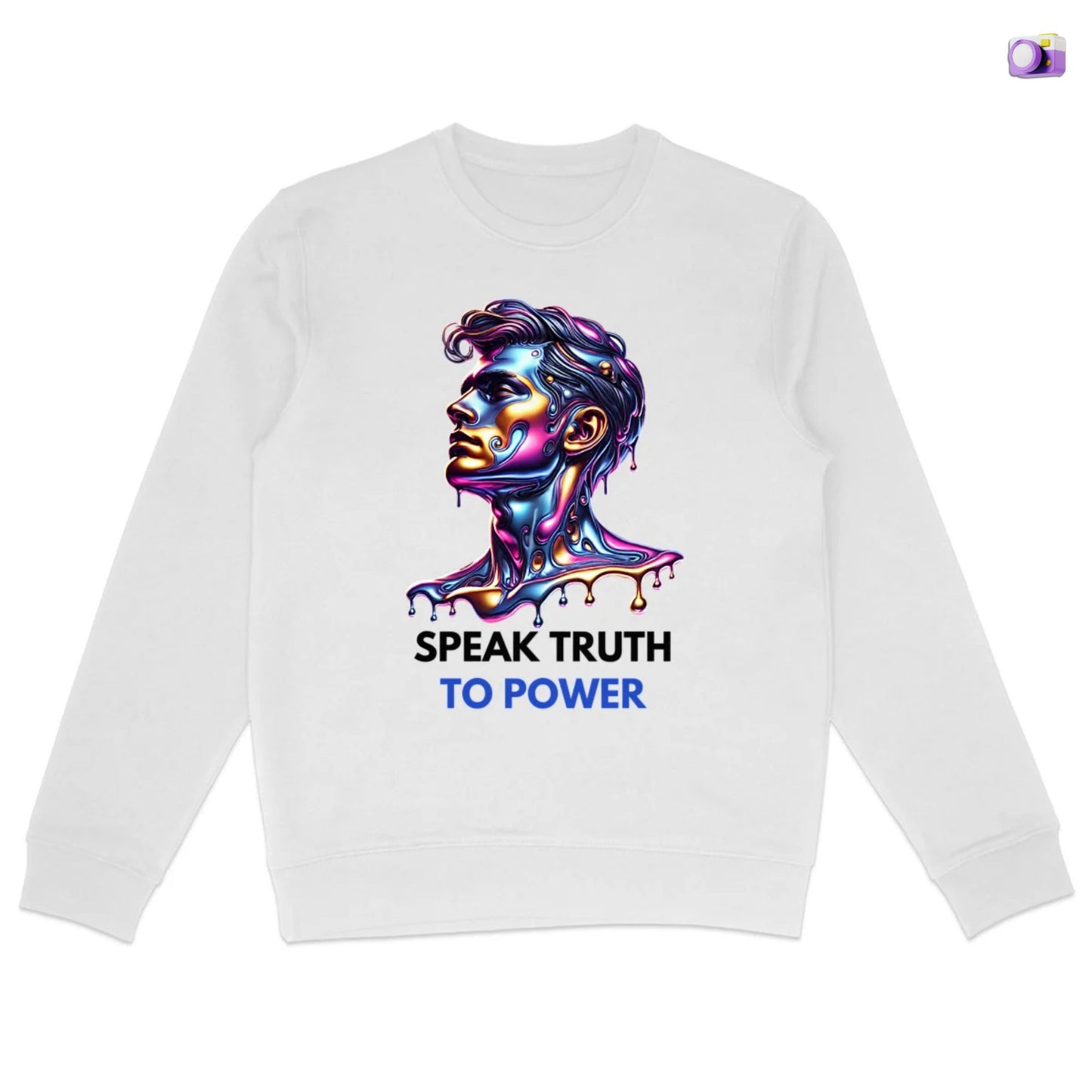Speak Truth to Power his Sweatshirt in white, made from organic cotton. Front view showing print on a flat surface.