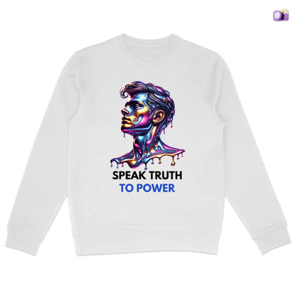 Speak Truth to Power his Sweatshirt in white, made from organic cotton. Front view showing print on a flat surface.