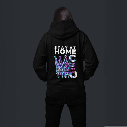 Stay at Home CEO Hoodie in black, made from organic cotton. Model showcasing back view on a dark background.