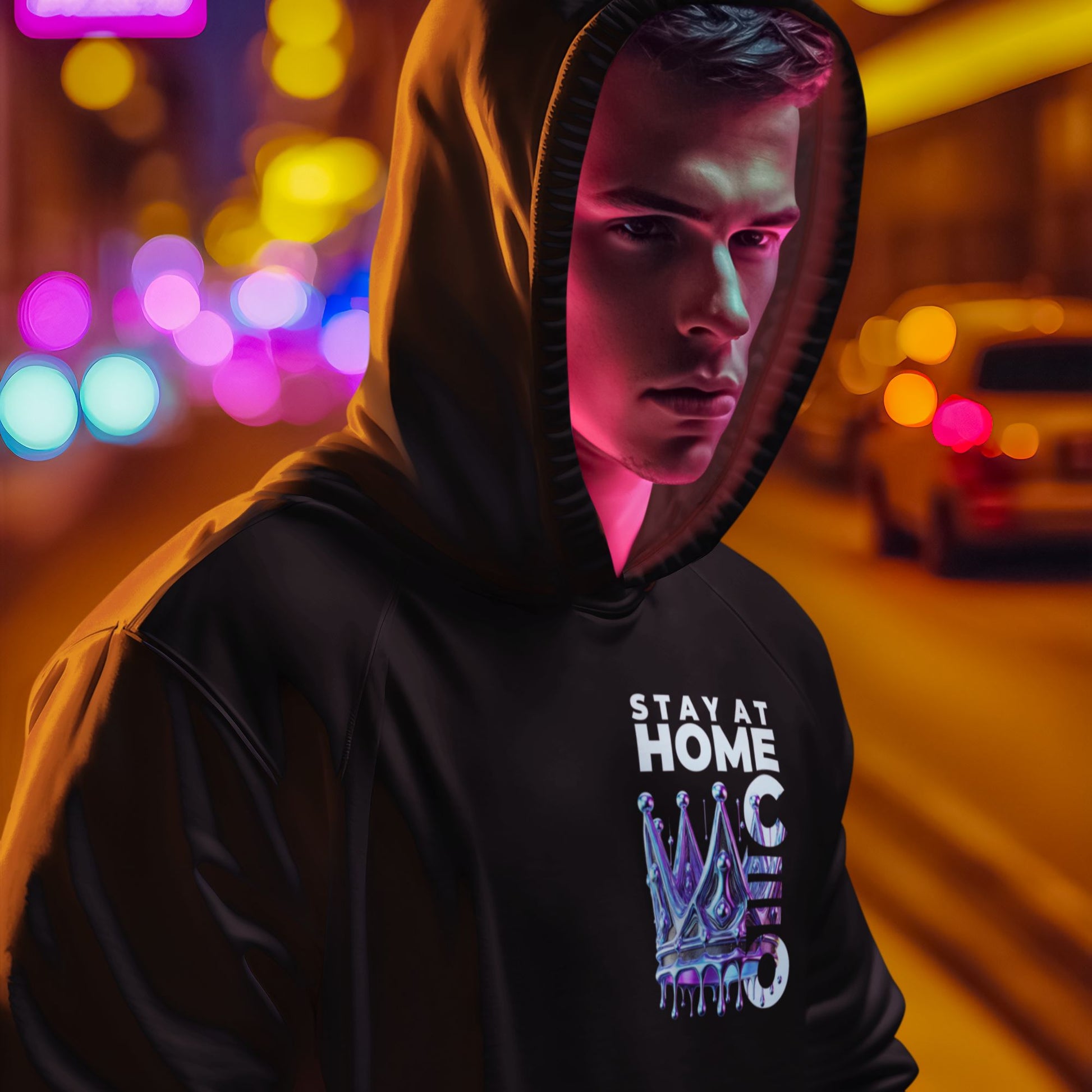 Stay at Home CEO Hoodie in black, made from organic cotton. Front view of model showcasing print. 