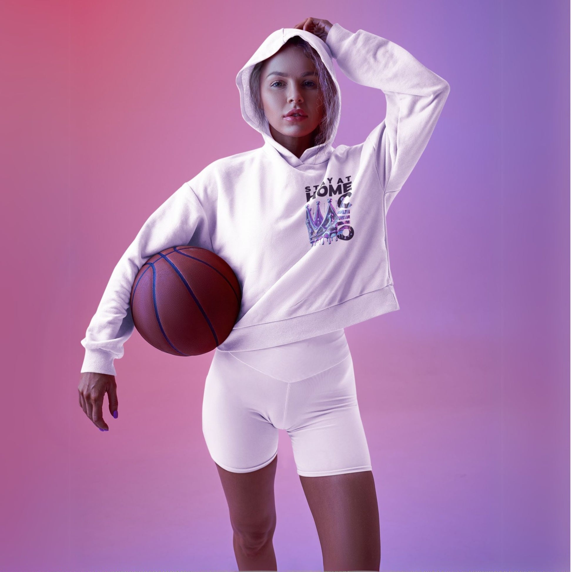 Stay at Home CEO Hoodie in white, made from organic cotton. Blonde female model showcasing front view print.
