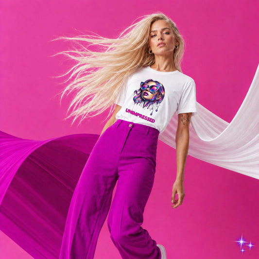 Unimpressed Shirt in white, made from organic cotton. Model showing front view while jumping in artistic edit.