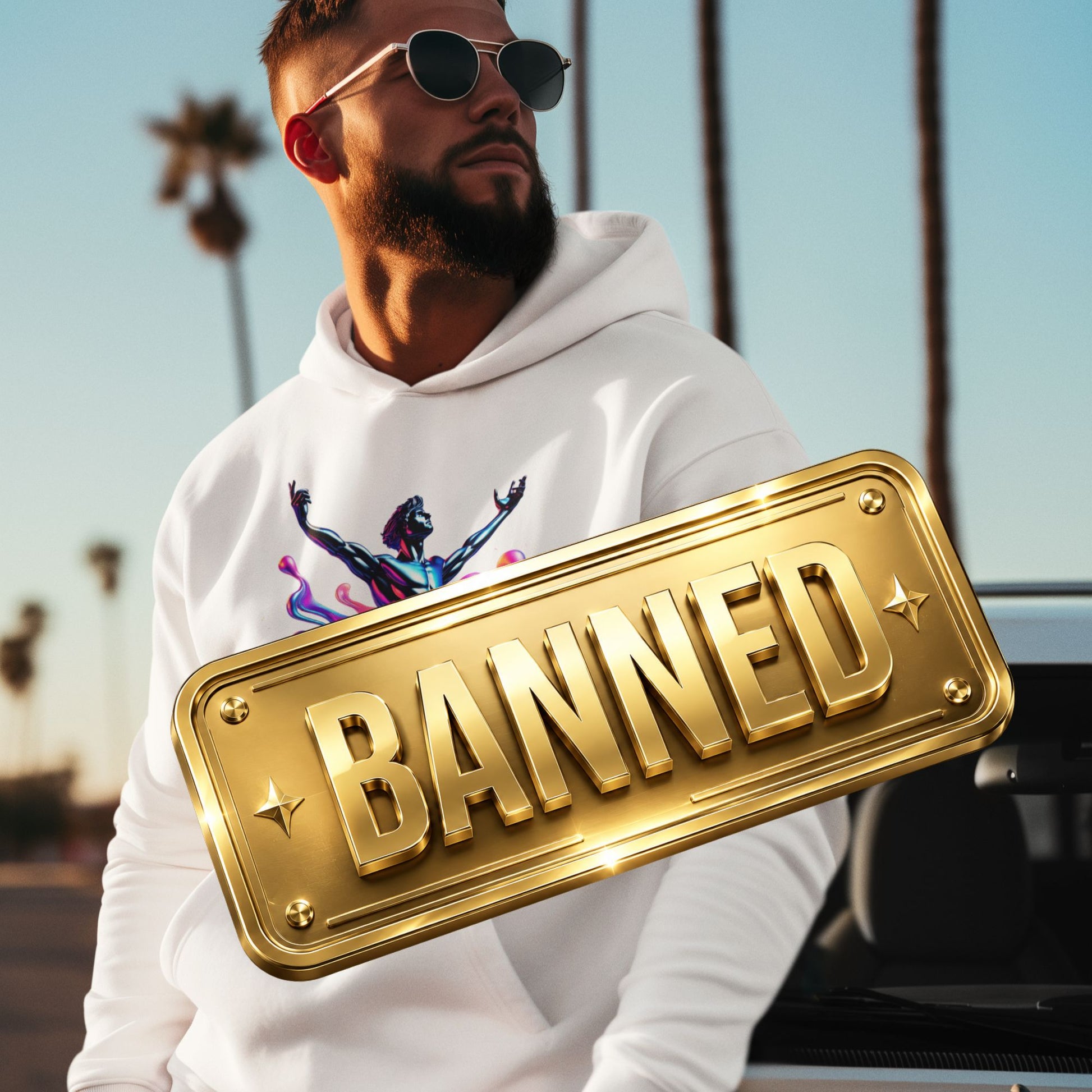 Man wearing a white hoodie with a colorful design and 'BANNED' sign in front of a blurred outdoor background.