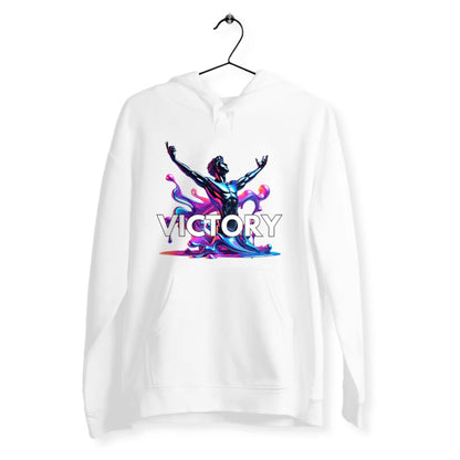 White hoodie with 'VICTORY' design on a hanger against a white background