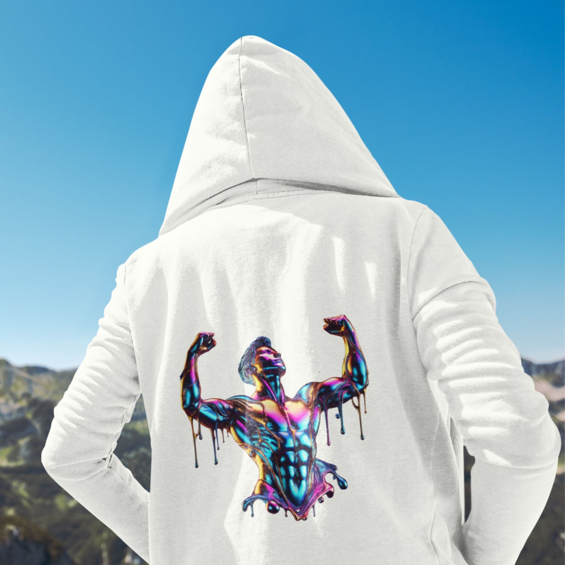 Victory Hoodie in white, made from organic cotton. Male model showcasing back print.