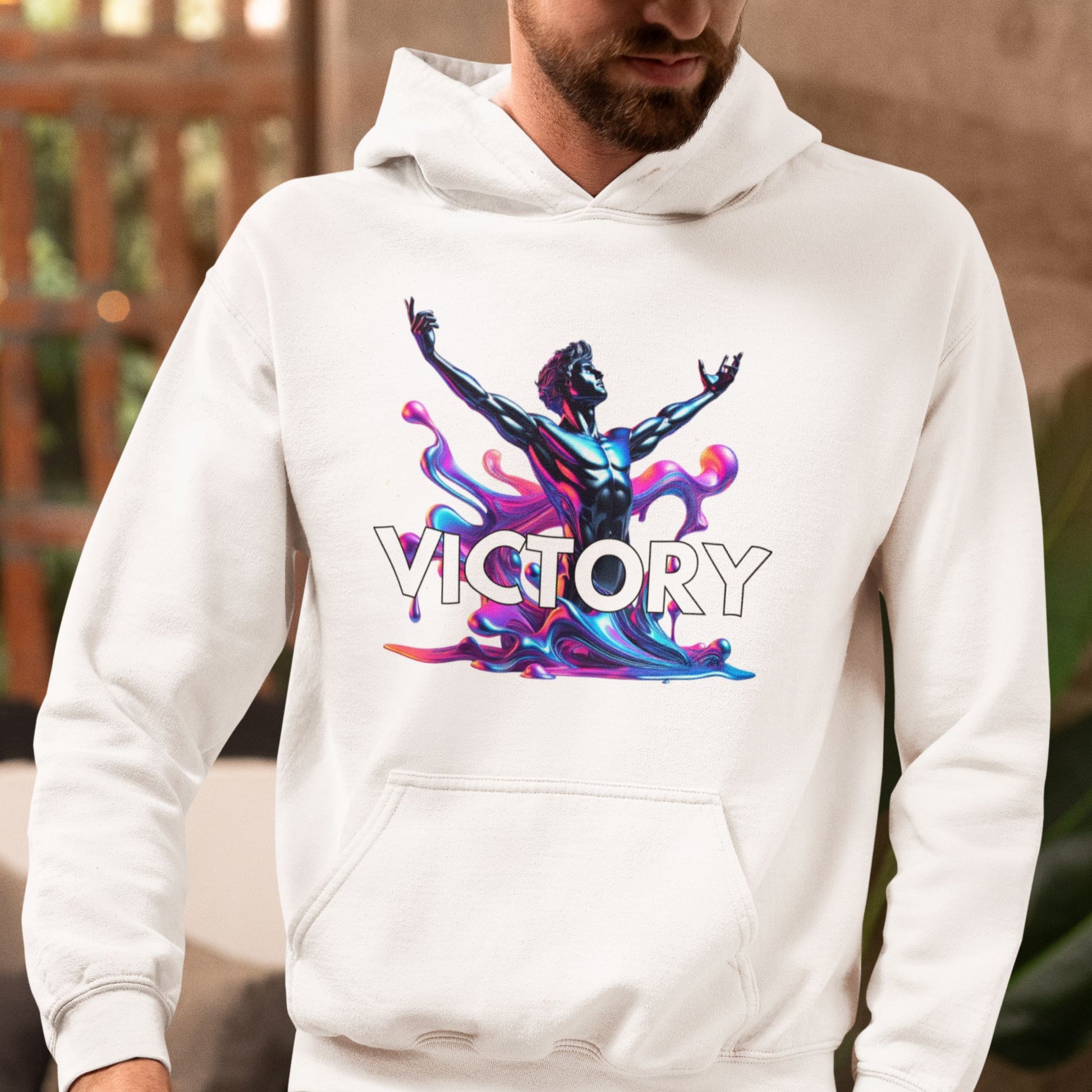 Victory Hoodie in white, made from organic cotton. Front view close up showing print.