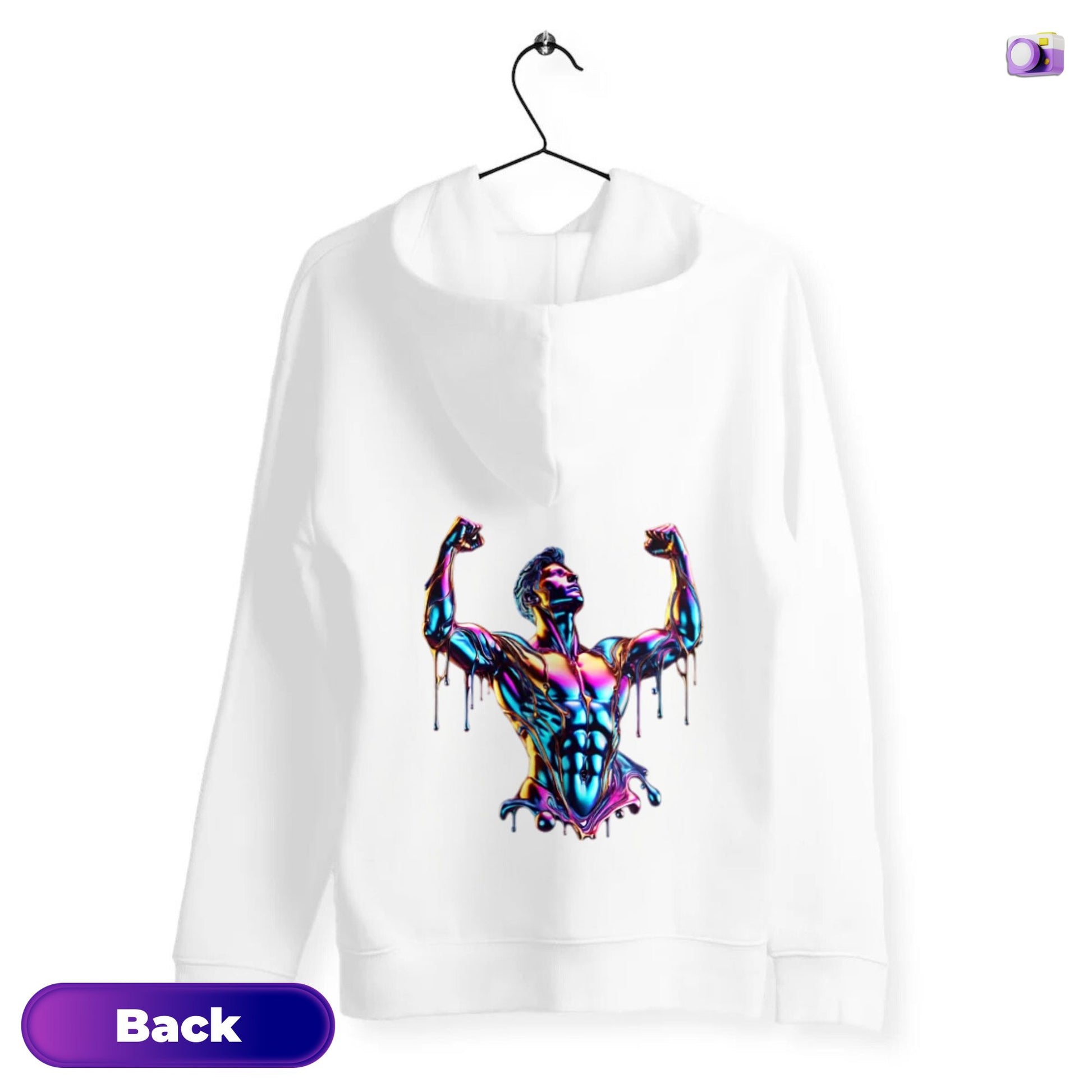 Victory Hoodie in white, made from organic cotton. Back view showing print on a flat surface.