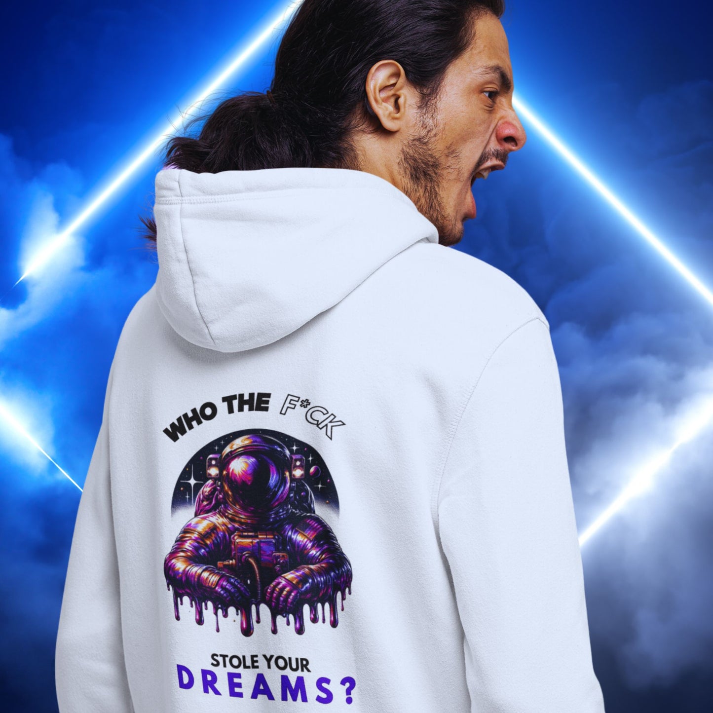 Who the F*ck stole your dreams Hoodie in white, made from organic cotton. Male model showcasing the hoodie from the back while screaming.