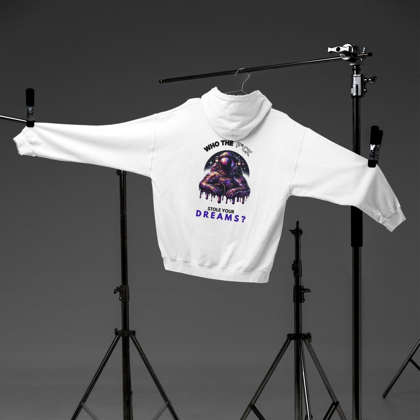 Who the F*ck stole your dreams Hoodie in white, made from organic cotton. Back view showcased on a hanger in a studio setting.