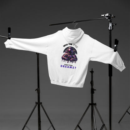 Who the F*ck stole your dreams Hoodie in white, made from organic cotton. Back view showcased on a hanger in a studio setting.