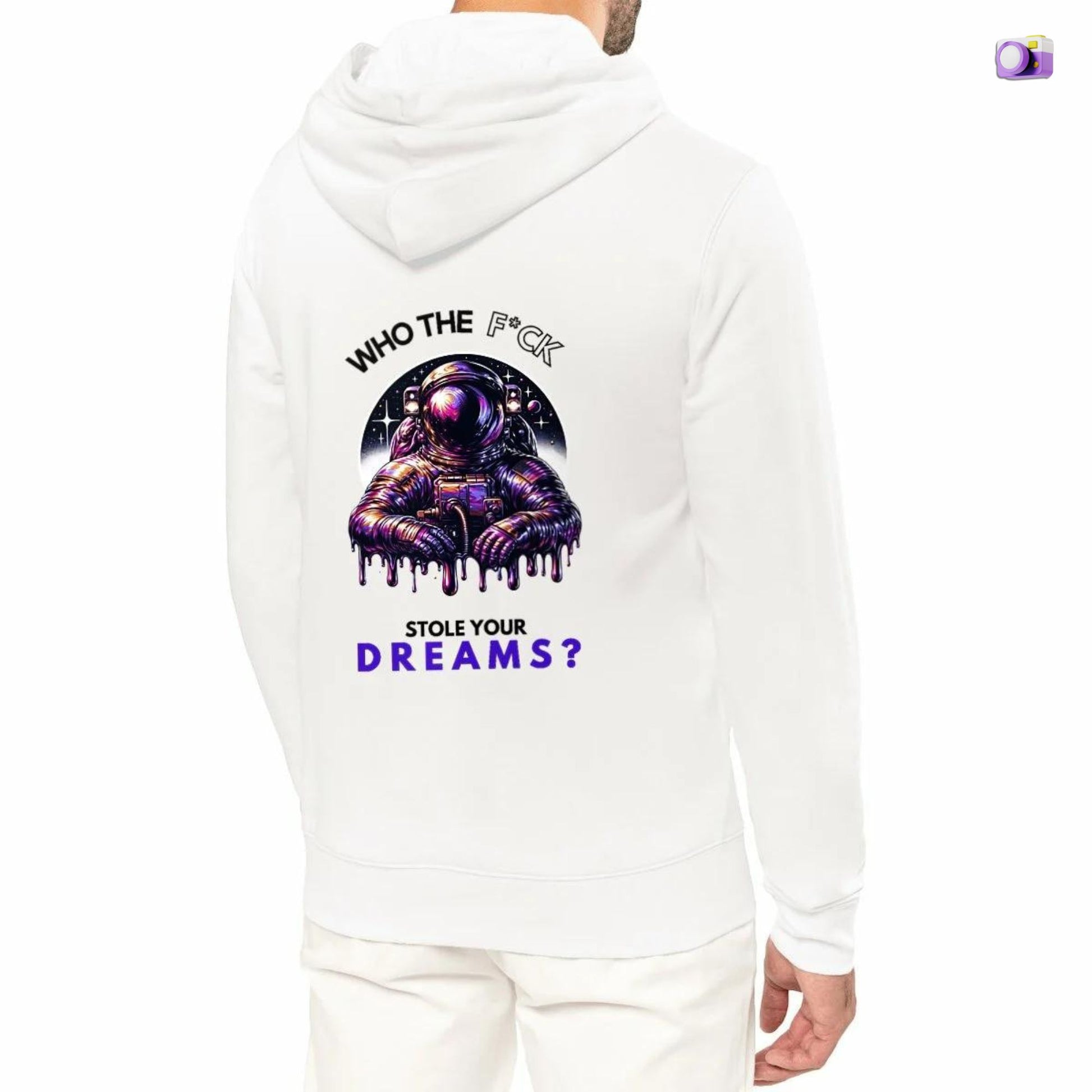 Who the F*ck stole your dreams Hoodie in white, made from organic cotton. Male model showcasing back view.