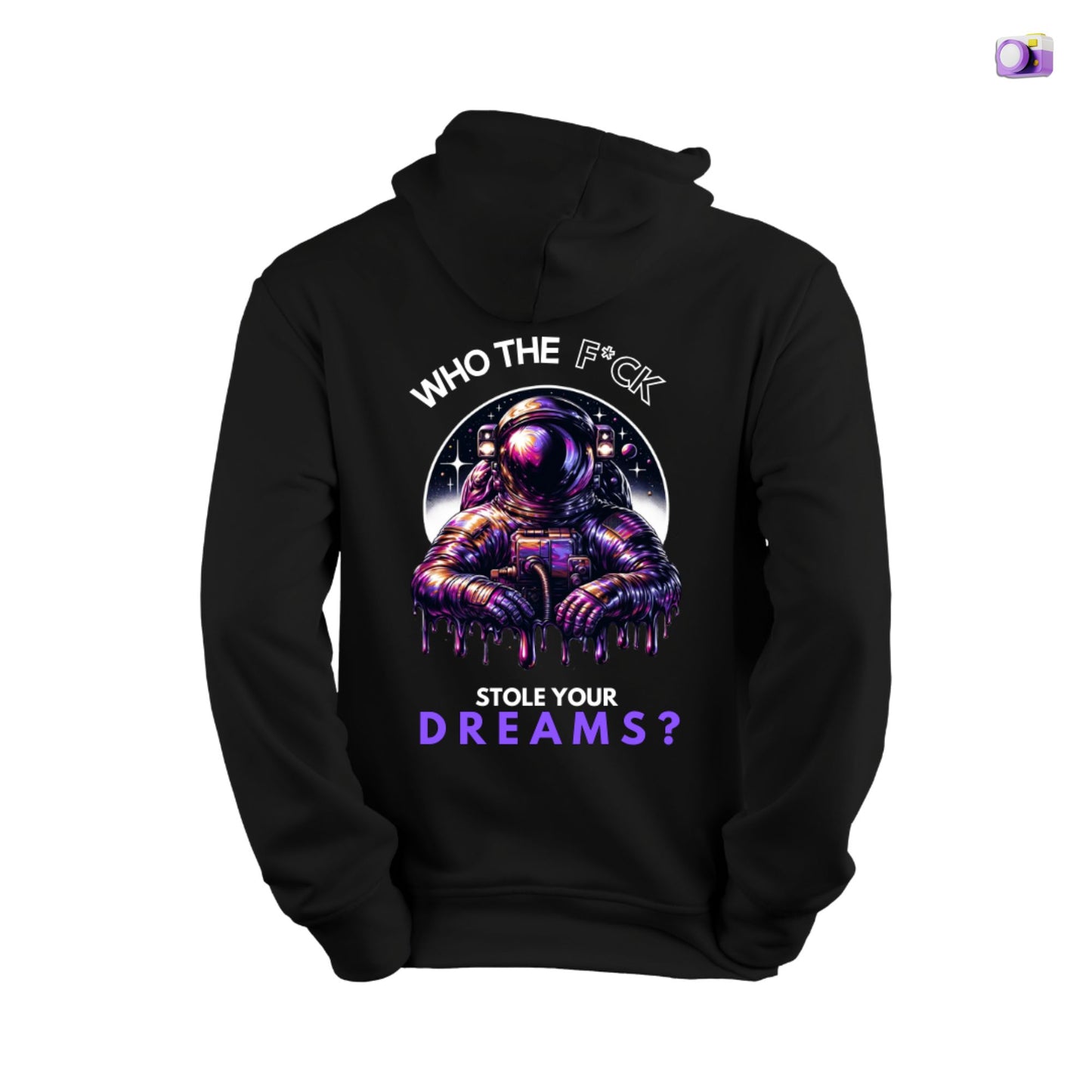 Who the F*ck stole your dreams Hoodie in black, made from organic cotton. Back view showcased by a ghost model on a white background.