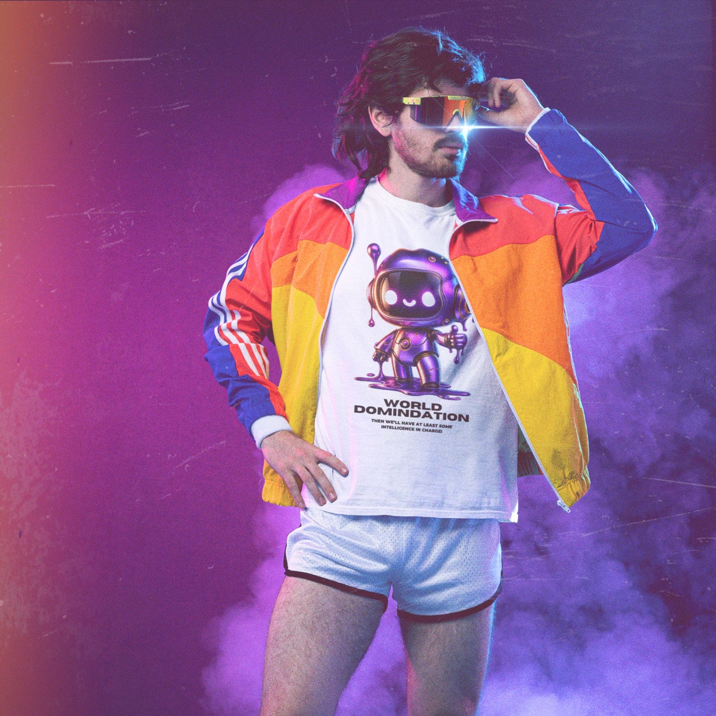 80s inspired scene with a male model in sports glasses showcasing a shirt with a print of a robot showing thumbs up. 