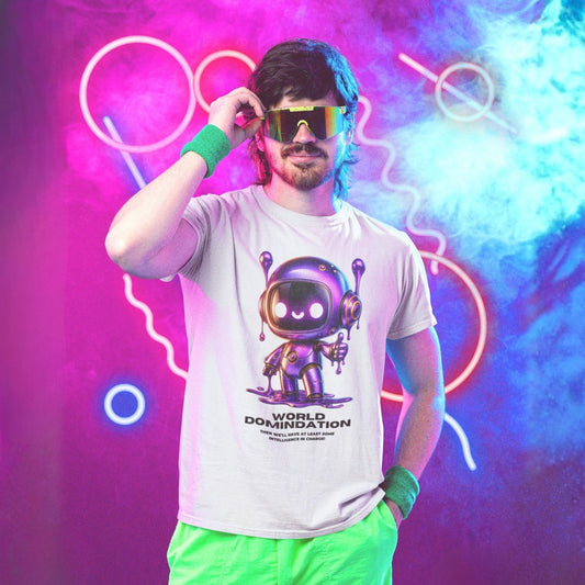 A male model in sports glasses showcasing a shirt with a print of a robot showing thumbs up. 