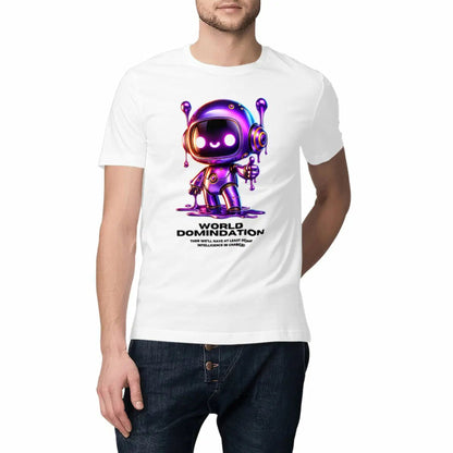 Person showcasing a white shirt with a print of a robot showing thumbs up. 